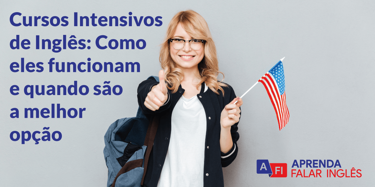 cursos intensivos de inglês imagem de uma mulher com mochila e segurando a bandeira dos Estados Unidos