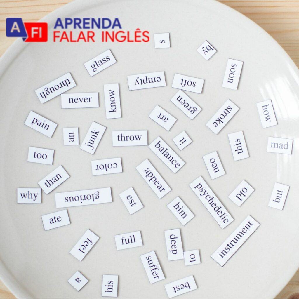 Quadro mostra uma mesa com varias palavras em inglês