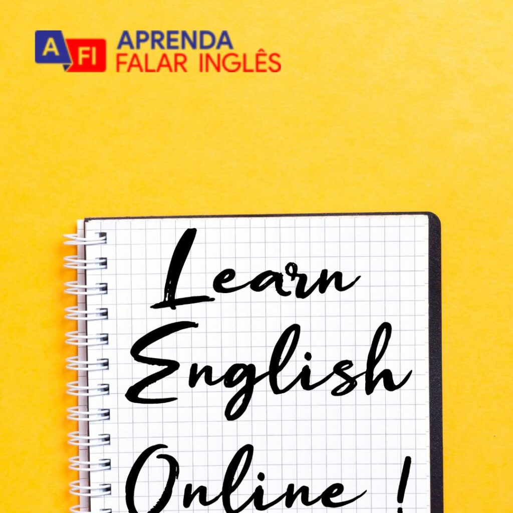 Quadro mostra um desenho de um caderno escrito o Learn English Online